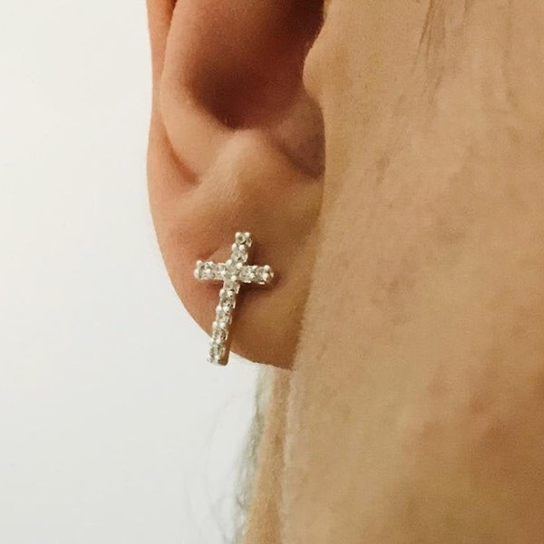 925 sterling silver CZ cross stud earring for men, mens earrings, single earring