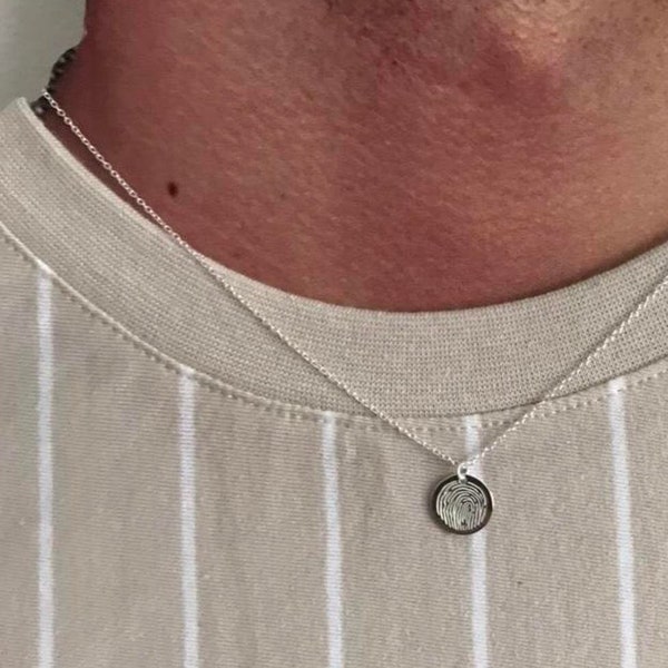 Fingerprint circle - 925 sterling silver short plain necklace for men, short necklace for men