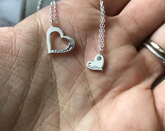 sterling silver mother & daughter heart double pendant necklace