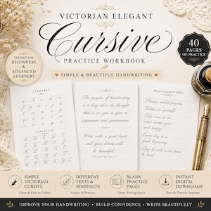 Può includere: Un quaderno di esercizi di calligrafia corsiva intitolato Victorian Elegant Cursive Practice Workbook con 40 pagine di pratica. Il quaderno include fogli con l'alfabeto, frasi di esercitazione e modelli in uno stile di scrittura corsiva formale.