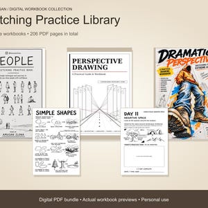 Skissövningsbibliotekspaket, 3 utskrivbara PDF-arbetsböcker