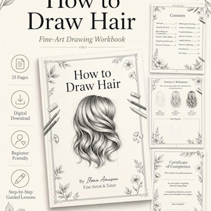 Może przedstawiać: Cyfrowy zeszyt ćwiczeń do rysowania zatytułowany How to Draw Hair autorstwa Ilony Amusan. Okładka przedstawia szkic ołówkiem falowanych włosów, otoczony kwiatowymi ilustracjami. Zawiera 25 stron, lekcje krok po kroku, spis treści oraz certyfikat.