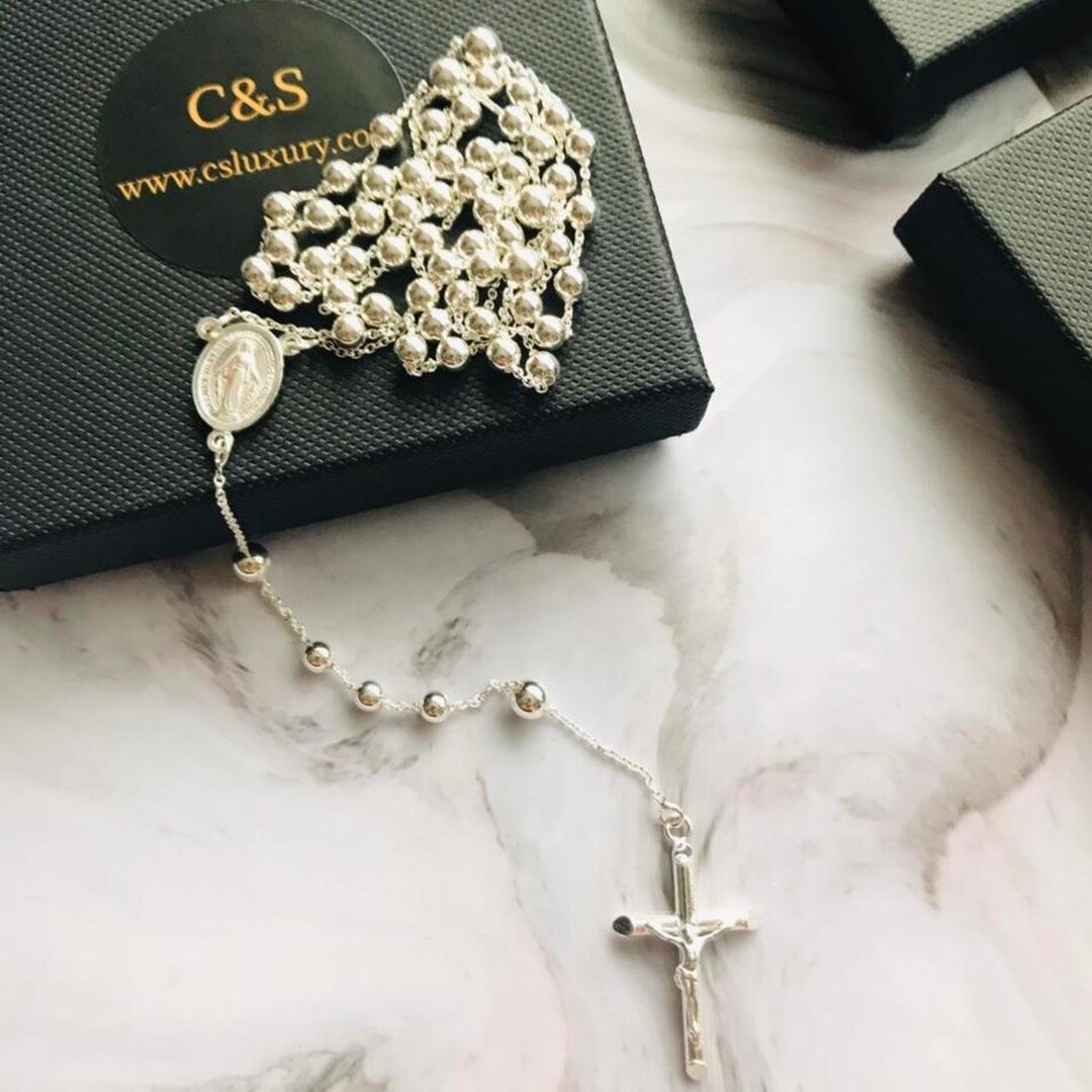 925 Sterling Silver Rosary Beads Cross Necklace for Men Etsy