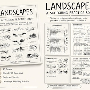 Può includere: Un libro di pratica per schizzi bianco intitolato LANDSCAPES A SKETCHING PRACTICE BOOK di Ilona Amusan. La copertina presenta disegni a linee nere di vari paesaggi. Le pagine interne mostrano contenuti, proporzioni, ombre e angolazioni.