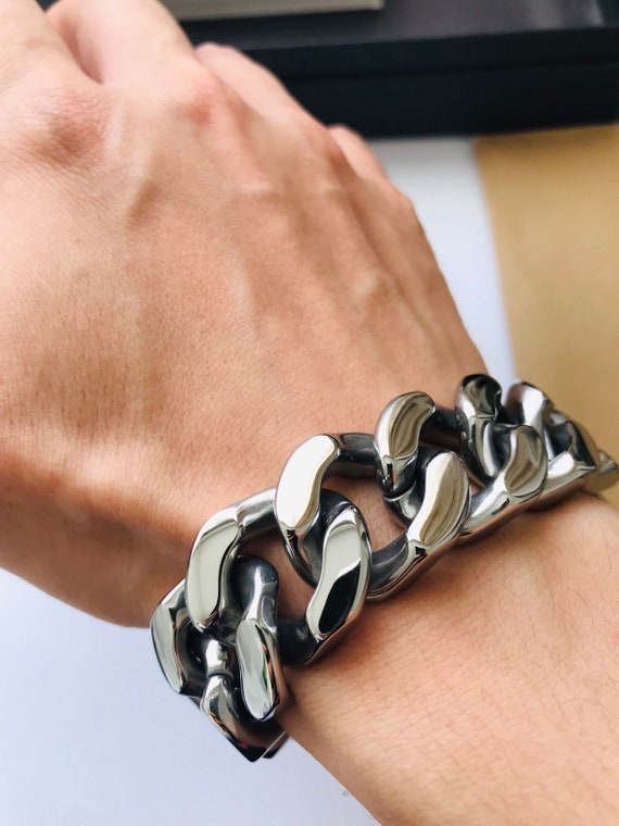 316 Stainless Steel Heavy Chunky Cuban Link Bangle Bracelet – 30mm – Men's Silver