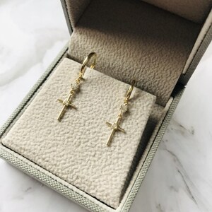 9carat solid Gold CZ Drop Cross Hoop Huggie Earrings for men,  Huggies