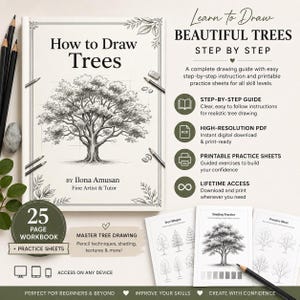 Könnte beinhalten: Ein 25-seitiges Arbeitsbuch mit dem Titel How to Draw Trees von Ilona Amusan, das eine detaillierte Baumillustration auf dem Cover zeigt. Das Set enthält eine Schritt-für-Schritt-Anleitung, ein hochauflösendes PDF und druckbare Übungsblätter.