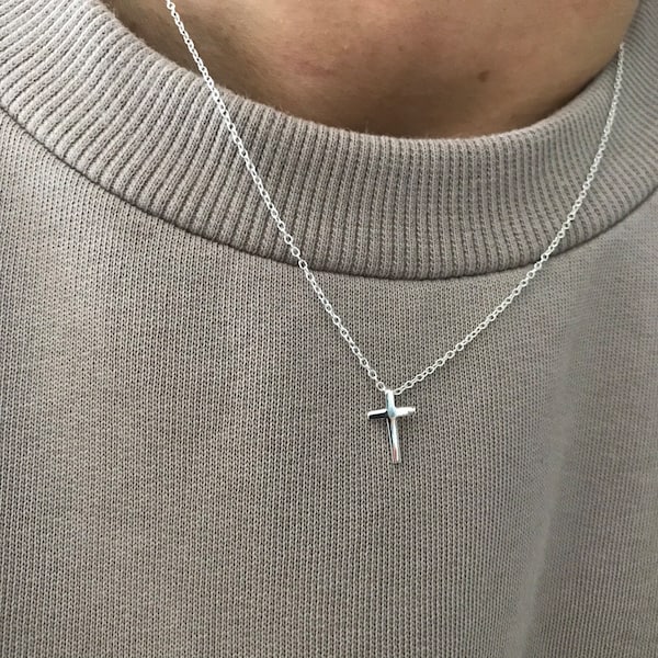 925 Sterling Silver Plate Small Mini Plain Smooth Cross Pendant Necklace 18"Gift, Mens Necklace