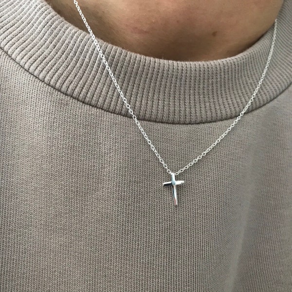 Collier avec pendentif en forme de croix lisse, plaque en argent sterling 925, petit, uni, 18 pouces, cadeau, collier pour hommes