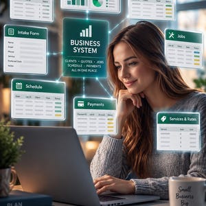 May include: A laptop computer on a desk with a digital interface displaying a business system dashboard, clients, quotes, intake forms, jobs, schedules, payments, and services. A mug with the text Small Business Big Goals sits nearby.