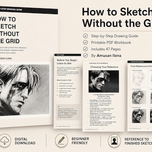 May include: A digital drawing guide titled How to Sketch Without the Grid by Amusan Ilona. The set includes a 47-page printable PDF workbook with step-by-step instructions, exercises, and reference images for creating accurate portraits from scratch.