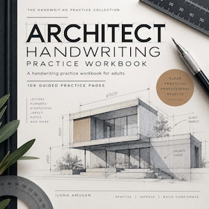 May include: The Architect Handwriting Practice Workbook features a cover with a technical architectural sketch of a modern house, including dimension lines, labels for glass panels and concrete finish, and the text 108 Guided Practice Pages.