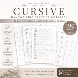 Peut inclure: Un cahier d'exercices d'écriture cursive de 190 pages avec des lettres majuscules et minuscules à tracer et à écrire. Le document numérique comprend des fichiers PDF imprimables aux formats US Letter, A4 et A5, intitulé AMUSAN ILONA FINE ART STUDIO.