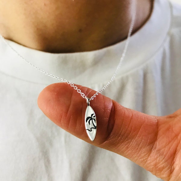 Surfplank - 925 sterling zilver korte effen ketting voor mannen, korte ketting voor mannen