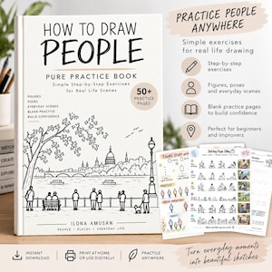 Peut inclure: Un livre pédagogique blanc intitulé How to Draw People par Ilona Amusan, avec un dessin au trait noir d'une scène urbaine au bord d'une rivière sur la couverture. Le livre comprend plus de 50 pages d'exercices et des guides de dessin.