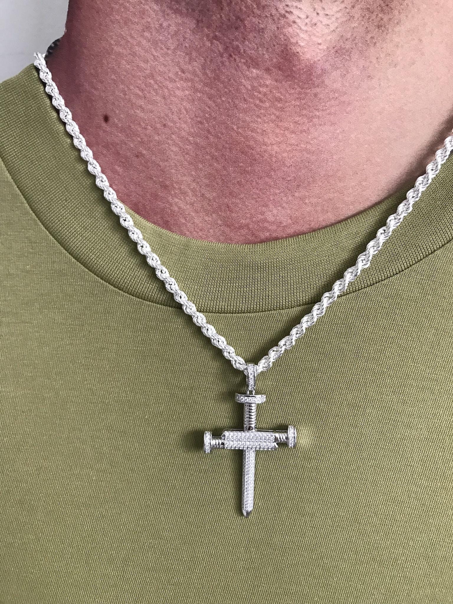 925 Sterling Silver Nail Cz Cross Pendant With 5mm Rope Chain - Etsy Finland