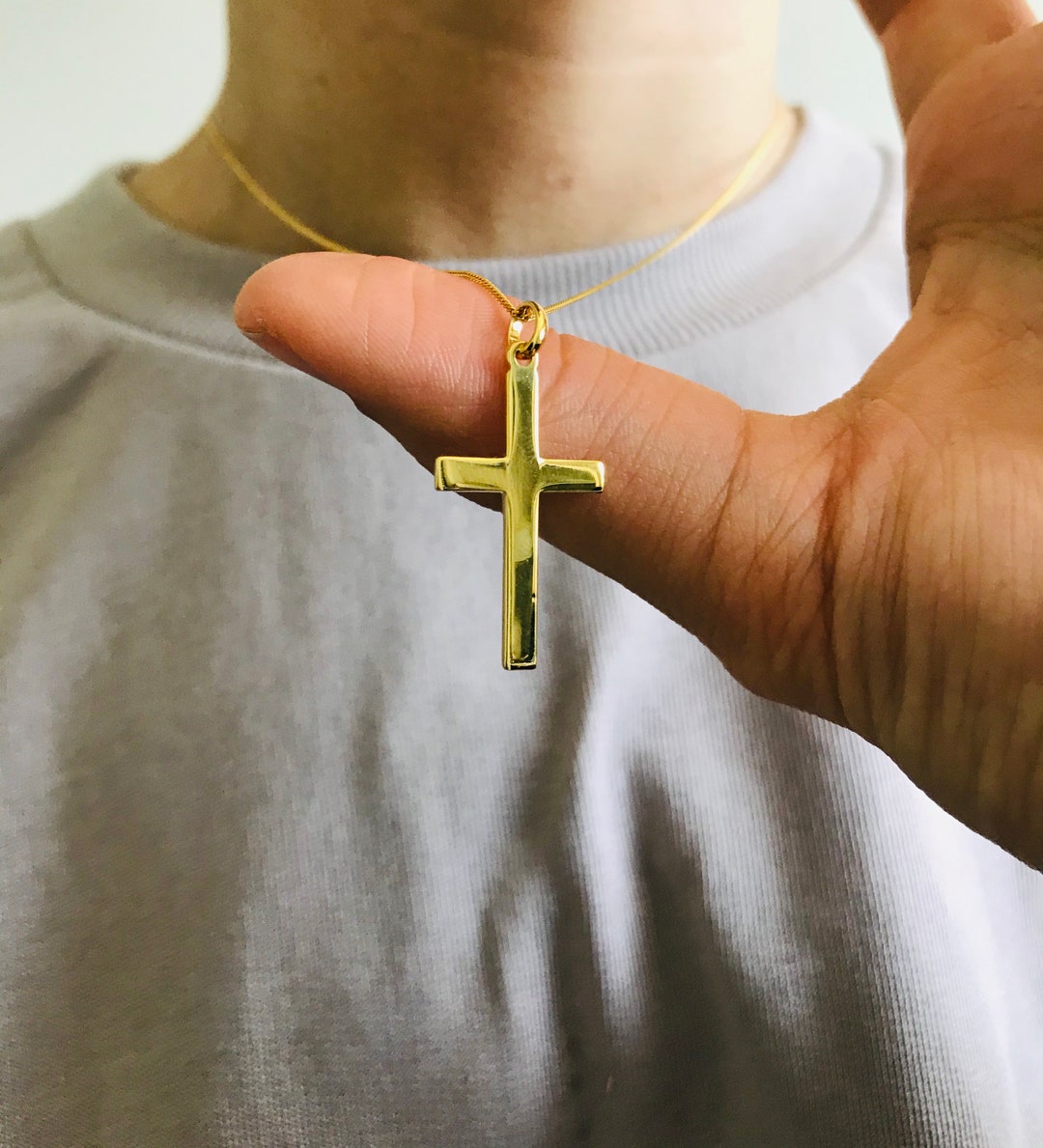 Large Simple Gold Plated Over Sterling Silver Cross Pendant Necklace 24 ...