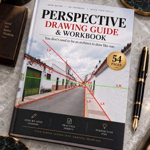 Peut inclure: Un livre à couverture souple intitulé Perspective Drawing Guide & Workbook avec une couverture montrant une rue avec des lignes de perspective rouges et une ligne d'horizon verte. Il inclut un badge doré 54 pages et des exercices pratiques.