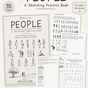 Puede incluir: Un libro de ejercicios imprimible titulado PEOPLE A Sketching Practice Book, que contiene 35 páginas de ejercicios de dibujo. La portada y las hojas interiores muestran ilustraciones de líneas en blanco y negro de personas en varias poses.