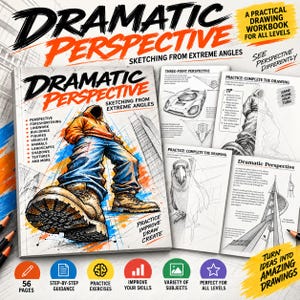 May include: A drawing workbook titled Dramatic Perspective: Sketching From Extreme Angles. The cover features a person in a hoodie and jeans from a low angle. Inside pages show three-point perspective, practice exercises, and drawing tips.