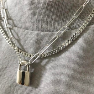 Hot selling Set 925 Sterling Silver Paperclip Chain and Connels Chain necjklace  , Padlock Necklace for men