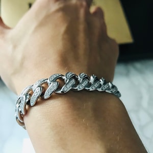 Popular style Sterling Silver Cuban Link Bracelet, Iced out Cuban Chain Bracelet for men