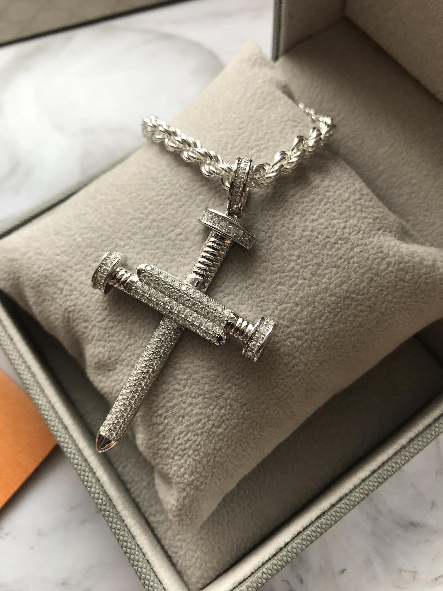 925 Sterling Silver Nail Cz Cross Pendant With 5mm Rope Chain