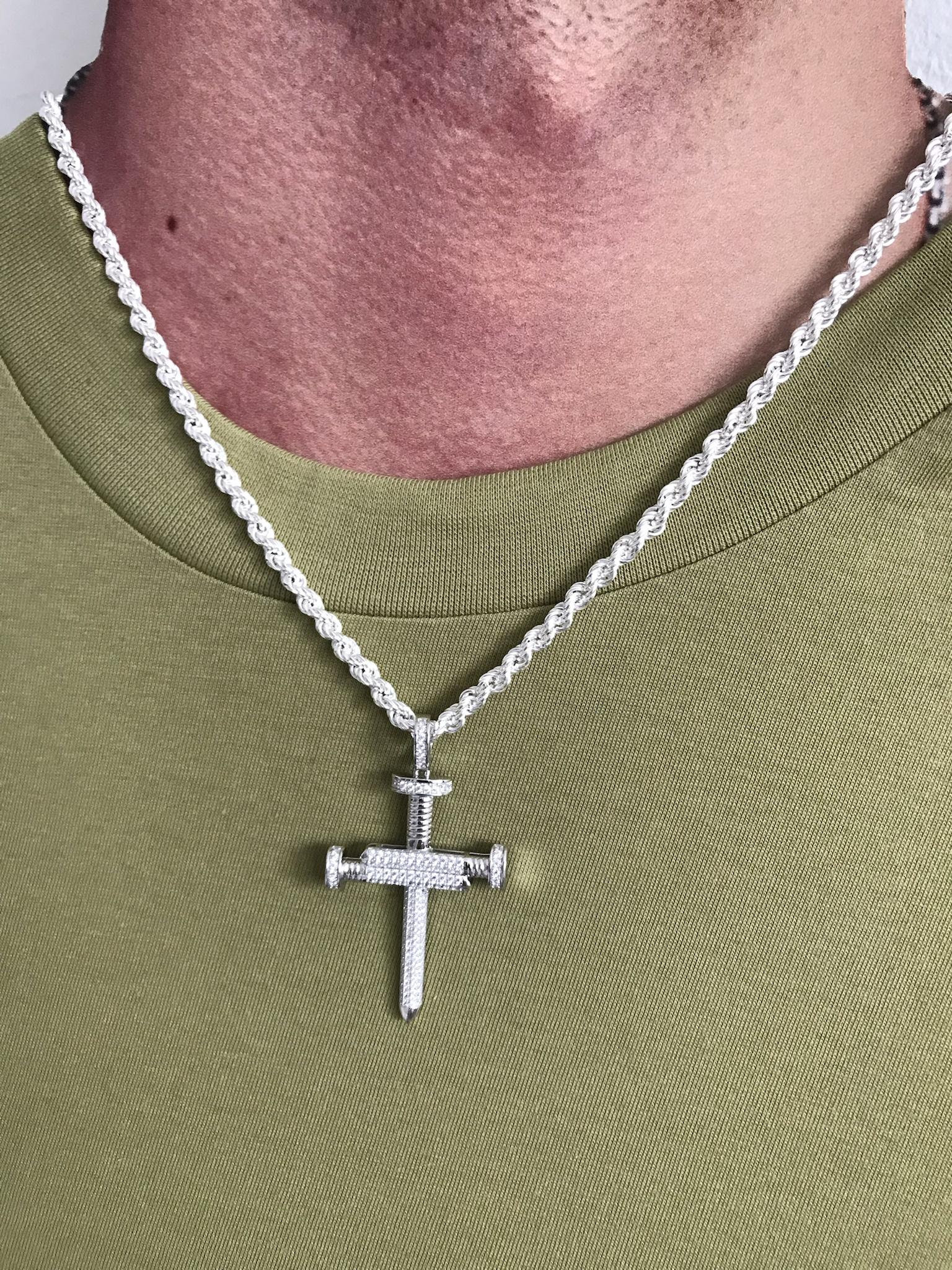 925 Sterling Silver Nail Cz Cross Pendant With 5mm Rope Chain