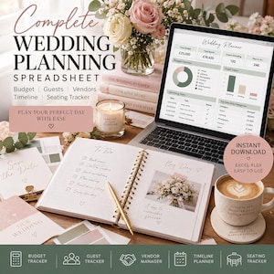 May include: A digital wedding planning spreadsheet displayed on a laptop screen, accompanied by a spiral-bound planner, a gold pen, a candle, and a coffee mug. The screen shows budget, guest, and vendor tracking charts with text in English.
