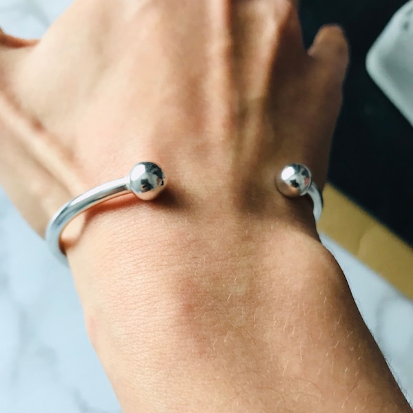 Men’s 925 Sterling solid Silver Torque Ball Bangle Bracelet, Gift idea
