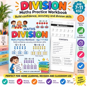 Caderno de exercícios de divisão para crianças de 7 a 11 anos (KS2) | PDF imprimível com exercícios de matemática | Problemas de matemática, testes cronometrados e respostas