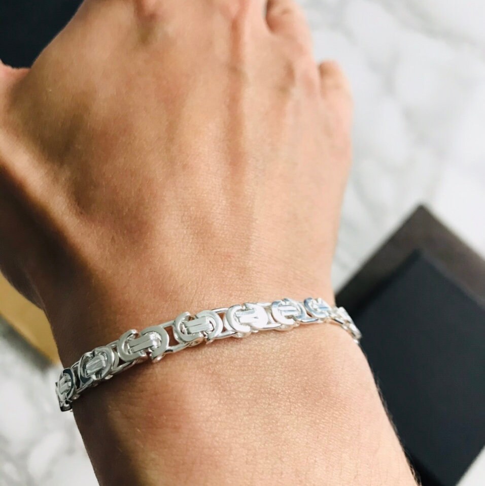 アクセサリー MEXICO MADE SILVER925 FLAT LINK BRACELET Sterling Silver Flat Byzantine Link Chain Bracelet for Men in