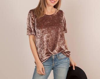 Women's Velvet Top | 10 Colors | Crushed Velvet Tee, Women, Versatile, Solid, Holiday, Christmas, Festive, Trendy