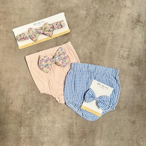Organic Cotton Baby Bloomers Set  18-24M Toddler Shorts with Hair Bow - OEKO-TEX Certified Fabric - Handmade Baby Outfit Soft & Breathable