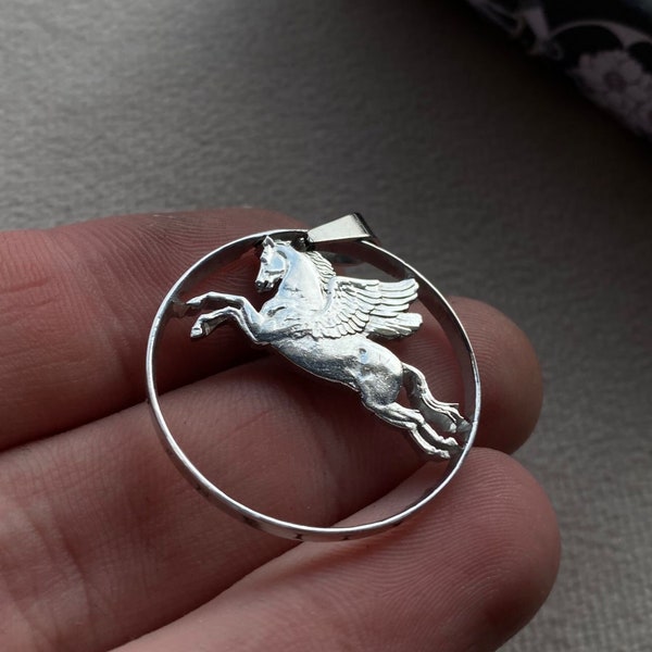 ITALY Winged Horse Cut Coin, Pegasus Jewelry, Pegasus Necklace, Horse Necklace, Pegasus Gift, Winged Horse Art, Italy Art, Italy Necklace