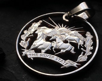 USA Horses Sun And Mountains Nevada Quarter Cut Coin, horse jewelry, Horse Gifts, Nevada Necklace, Nevada Art, Nevada Gifts, Horses Nevada