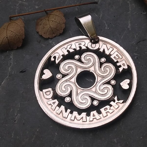 DENMARK 2 Kroner Cut Coin, Denmark Cut Coin, Heart Necklace, Denmark Jewelry, Denmark Gifts, Denmark Coin Necklace, Denmark Two Kroner