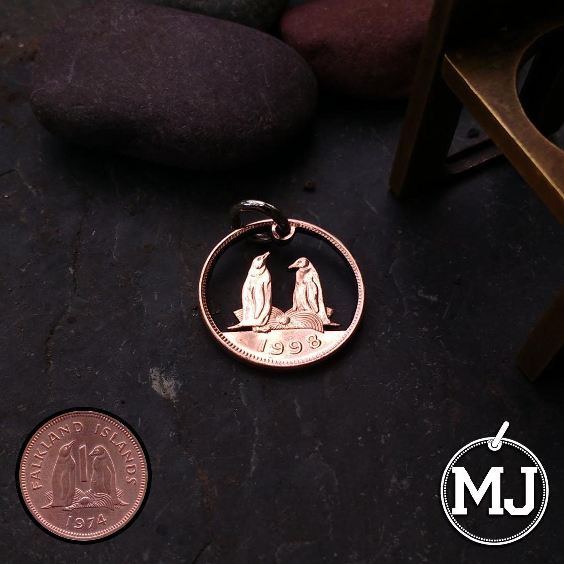 # 388 Cut Coin Pendant 1-1/8" King Penguins Pendant & necklace Falkland Is # 388 Cut Coin Pendant 1-1/8" King Penguins Pendant & necklace Falkland Is