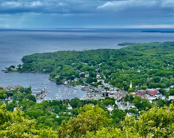 May include: An aerial view of a coastal town with a harbor filled with boats. The town is surrounded by lush green trees and a body of water. The sky is cloudy and the water is a deep blue.