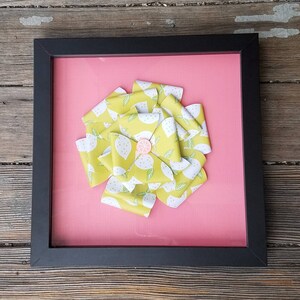 Paper flower art shadow box frame lemon pattern paper, grapefruit center kuai pink yellow summer gift collage book arts handmade unique