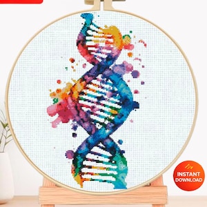 DNA-Doppelhelix-Kreuzstichmuster (PDF), farbenfrohes Stickmuster zum Thema Genetik, Wandbild zum Thema Wissenschaft, medizinische Dekoration zum Download, Mustersammlung