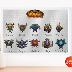 May include: A framed cross-stitch pattern featuring the World of Warcraft logo and class symbols. The design includes the classes: Shaman, Druid, Priest, Paladin, Warrior, Hunter, Rogue, Warlock, Mage, and Death Knight. The words "PDF Pattern" and "Instant Download" are also visible.