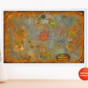 May include: A framed cross-stitch pattern featuring a detailed map of the World of Warcraft game. The map is in shades of brown, orange, and green, with text labels for different regions. The words "PDF Pattern" and "Instant Download" are also visible.