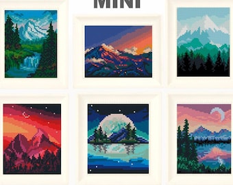 Mini Landscape Cross Stitch Patterns PDF Bundle, Mountain Nature Embroidery Set, Small Counted Cross Stitch Charts Designs Digital Download