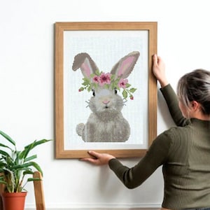 Bunny flower #197\1 Modern cross stitch Pattern pdf Counted Animals cross stitch Woodland nursery art, Baby room, Rabbit Embroidery pattern