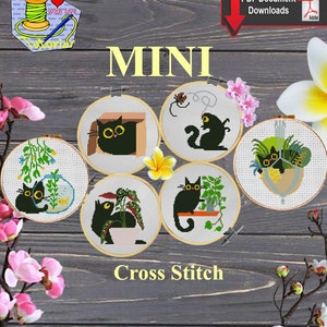 SET Miniature Black cat and plants cross stitch #136 Kits embrodery, Mini pattern, miniature painting, Easy beginner chart, mini masterpiece