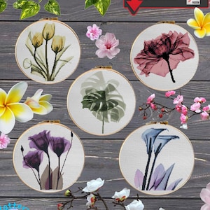 KITS Eustoma, Rose, Monstera, Cala,Tulip #227 Floral | Black and White | Counted Cross Stitch Pattern KIT and PDF | Designs Pattern Download