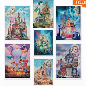 May include: A collection of six digital art prints featuring various animated characters and their respective castles. Each rectangular image displays a detailed architectural structure with a character positioned above or beside it. Text reads BEST SELLER, INSTANT DOWNLOAD, and PDF PATTERNS.