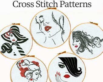 Set of 5 Woman Cross Stitch Patterns PDF Fashion Lady Embroidery Bundle Modern Face Art Instant Download Gift