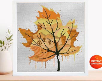 Autumn Leaf Cross Stitch Pattern PDF, Fall Landscape Tree Embroidery Design, Orange Leaf Nature Cross Stitch, Modern Silhouette Art Download